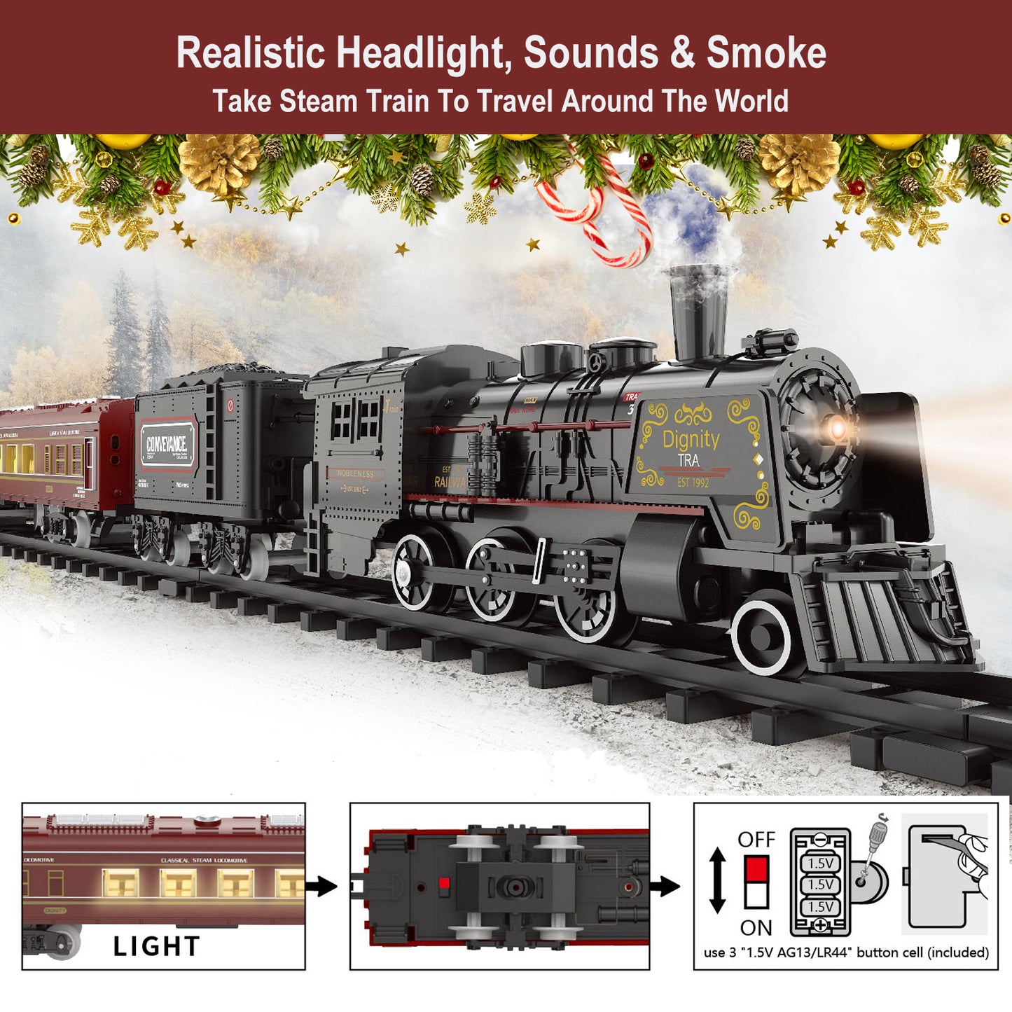 Electric Train Sets for Boys Girls Metal Alloy Steam Locomotive, Passenger Carriages, Tracks