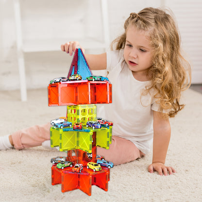 Magnetic Tiles Parking Building Playset with 10 Pull-Back Metal Cars for Kids