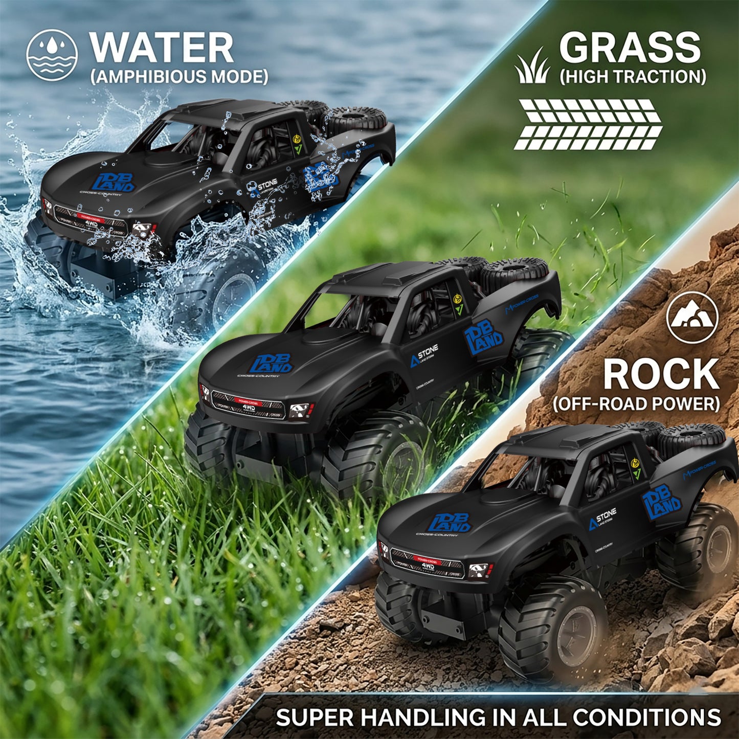 Amphibious Remote Control Car Monster Truck - 4WD Waterproof 1:16 Large All Terrain Off Road Vehicle with 2 Rechargeable Batteries RC Drift Cars Beach Pool Toys Gifts for Boys Kids 8-12