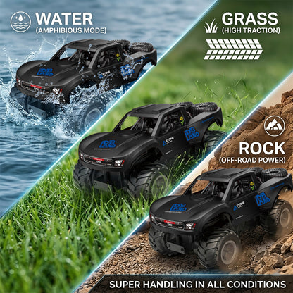 Amphibious Remote Control Car Monster Truck - 4WD Waterproof 1:16 Large All Terrain Off Road Vehicle with 2 Rechargeable Batteries RC Drift Cars Beach Pool Toys Gifts for Boys Kids 8-12