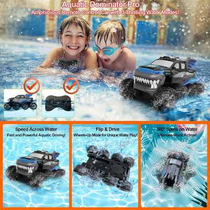 Amphibious Remote Control Car with 2 Rechargeable Batteries, 8WD RC Cars for Boys Age 8-12, Offroad Waterproof RC Monster Truck, 2.4GHz All Terrain RC Drift Cars Beach Pool Toys Gifts for Kids Blue