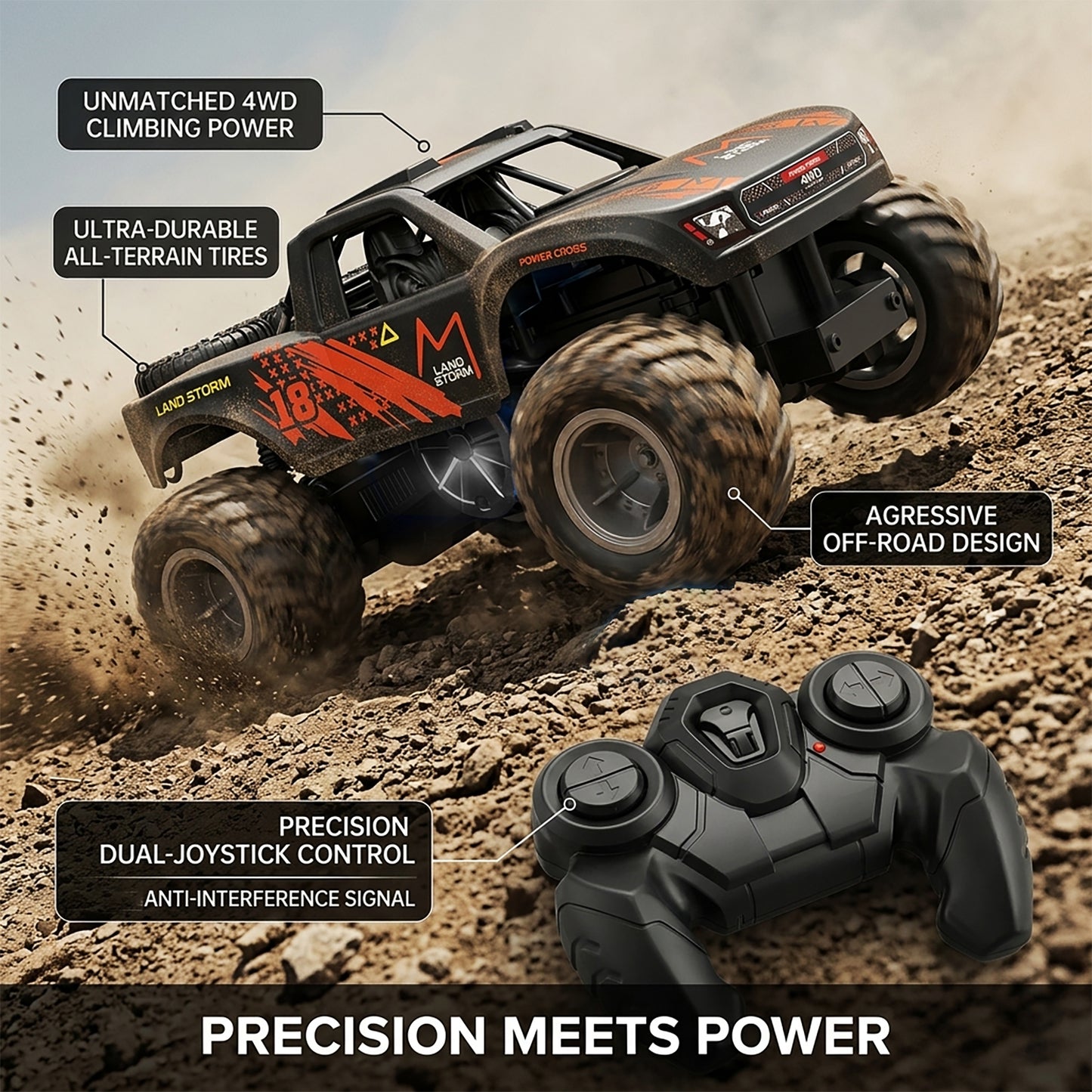 Amphibious Remote Control Car Monster Truck - 4WD Waterproof 1:16 Large All Terrain Off Road Vehicle with 2 Rechargeable Batteries RC Drift Cars Beach Pool Toys Gifts for Boys Kids 8-12