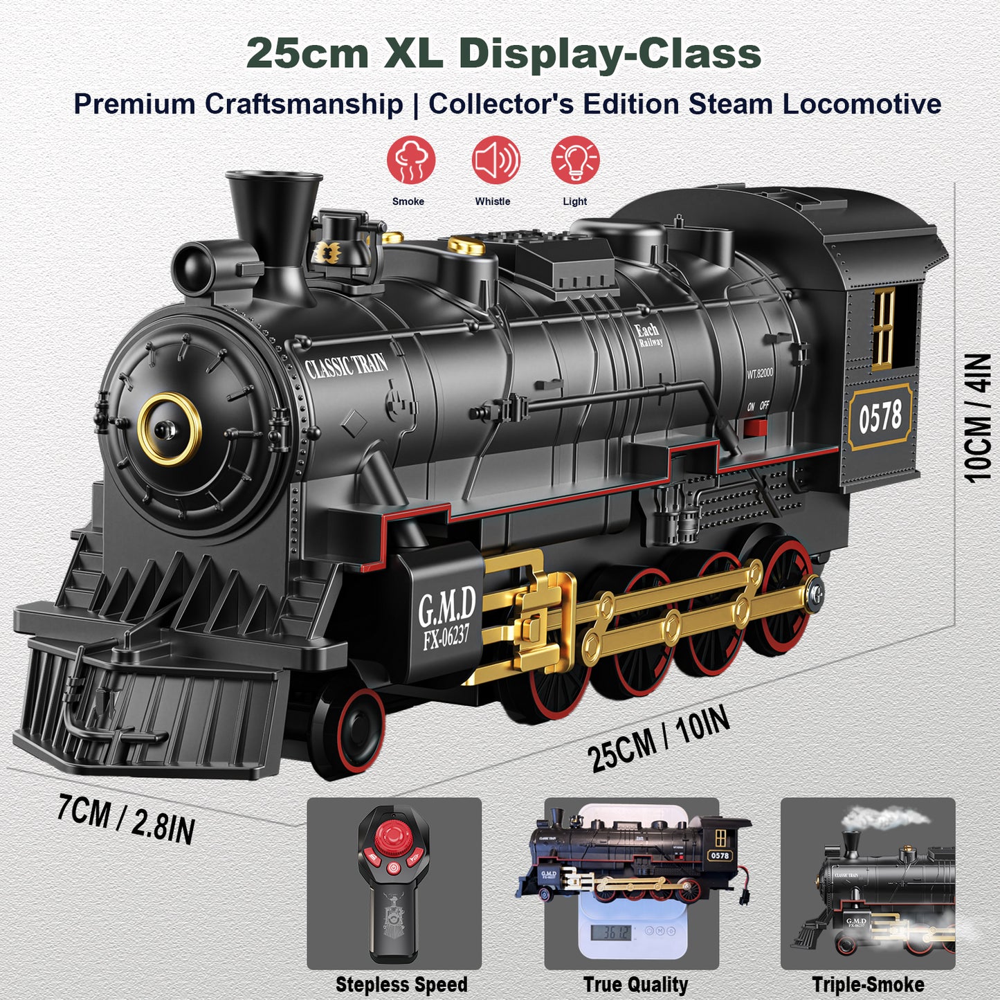 Electric Train Sets Remote Control for Kids Christmas Train Toys Steam Locomotive w/3 Smokes, Glowing Passenger Carriages, Luxury Tracks, Light & Sounds Rechargeable Birthday Gifts for Boys Girls