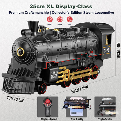 Electric Train Sets Remote Control for Kids Christmas Train Toys Steam Locomotive w/3 Smokes, Glowing Passenger Carriages, Luxury Tracks, Light & Sounds Rechargeable Birthday Gifts for Boys Girls
