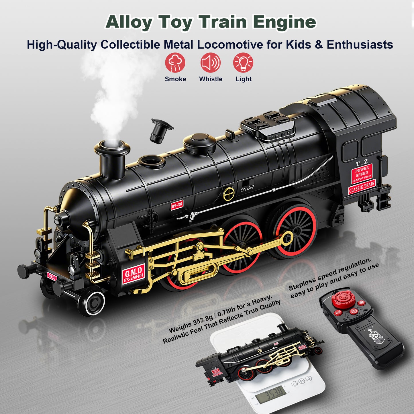 Electric Remote Control Train Set Metal Alloy Steam Locomotive with Glowing Passenger Carriages Smoke, Sound & Light Luxury Tracks Rechargeable Train Christmas Birthday Toy Gift for Boys Kids