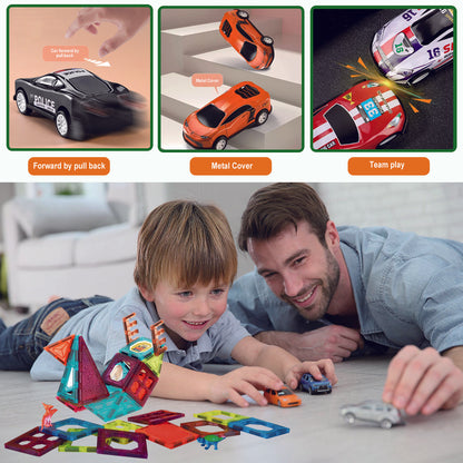 Magnetic Tiles Parking Building Playset with 10 Pull-Back Metal Cars for Kids