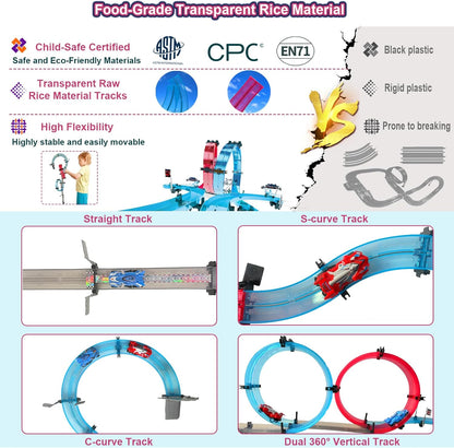 Car Race Track Sets with 4 Pull-Back Cars, 360° Loops, Cross Overpass & Curves, High-Speed Racing Game Track for Boys Kids Birthday Gift Ages 6-12
