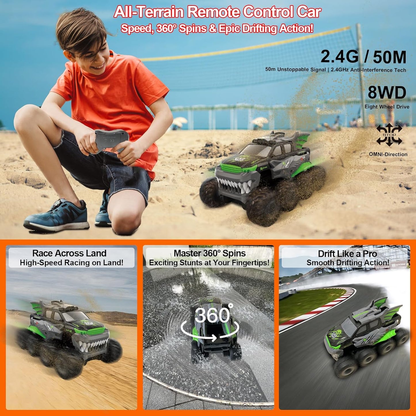 Amphibious Remote Control Car with 2 Rechargeable Batteries, 8WD RC Cars for Boys Age 8-12, Offroad Waterproof RC Monster Truck, 2.4GHz All Terrain RC Drift Cars Beach Pool Toys Gifts for Kids Green
