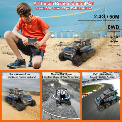 Amphibious Remote Control Car with 2 Rechargeable Batteries, 8WD RC Cars for Boys Age 8-12, Offroad Waterproof RC Monster Truck, 2.4GHz All Terrain RC Drift Cars Beach Pool Toys Gifts for Kids Blue