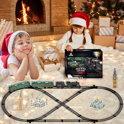 Electric Train Sets for Kids Metal Alloy Steam Locomotive, Glowing Passenger Carriages, Luxury Track