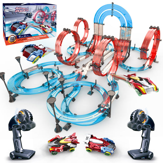 Slot Car Race Track Sets Dual-Player Electric Remote Control Cars Rechargable Magnetic Cars Racing Game with Hand Controllers Circular Overpass Track Birthday Toys for Boys Kids 6 7 8-12