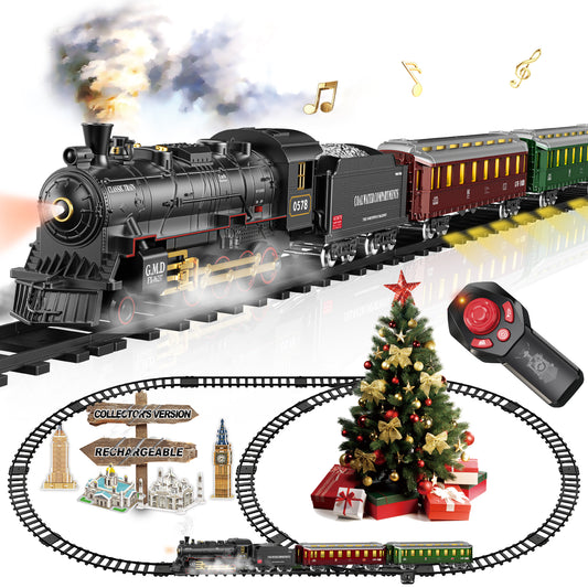 Electric Train Sets Remote Control for Kids Christmas Train Toys Steam Locomotive w/3 Smokes, Glowing Passenger Carriages, Luxury Tracks, Light & Sounds Rechargeable Birthday Gifts for Boys Girls