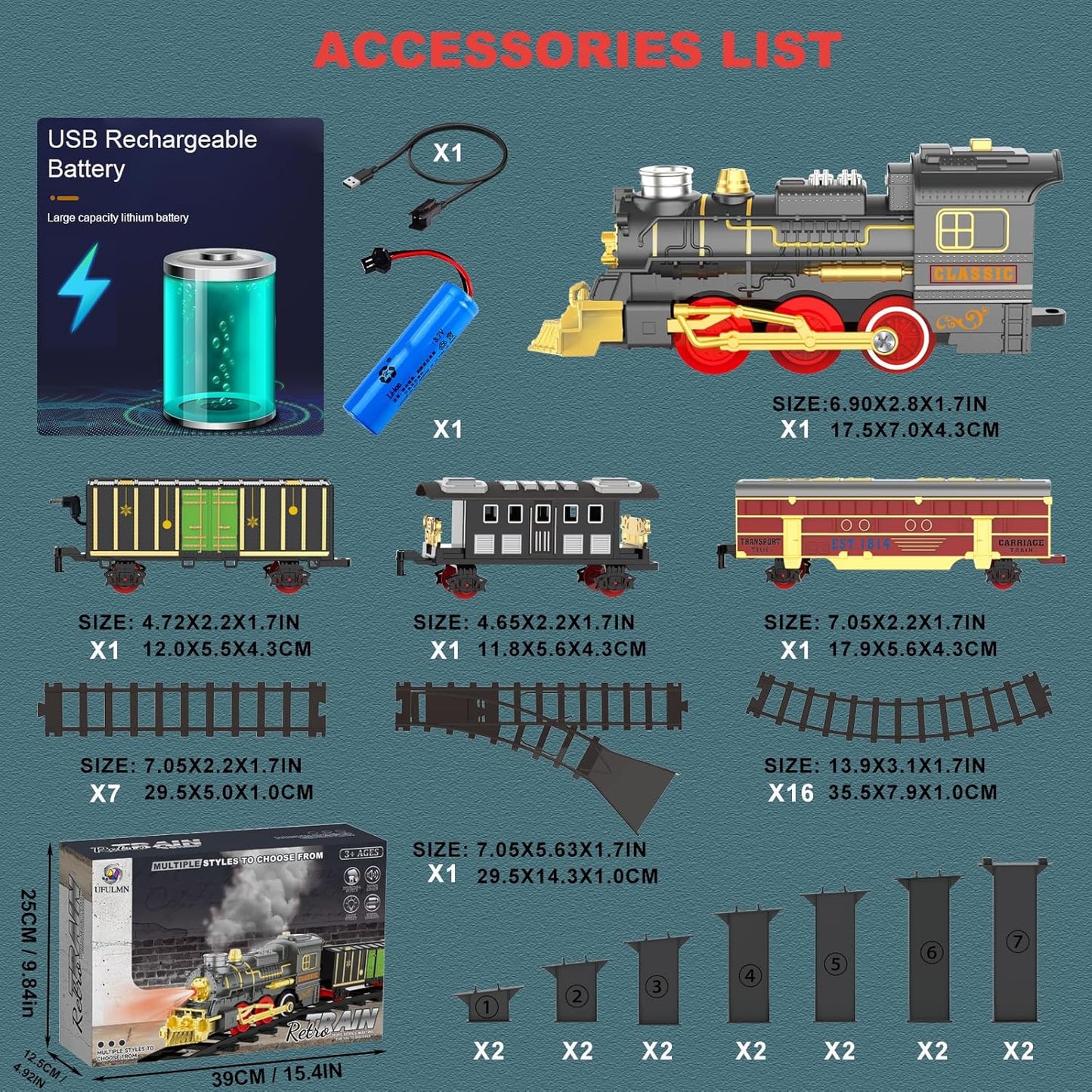 Electric Train Sets for Kids Christmas Train Toys Steam Locomotive Passenger Carriages Deluxe 2-Layer Track with Lights & Sounds(ON/Silent/Off) Rechargeable Birthday Gifts for Boys Girls