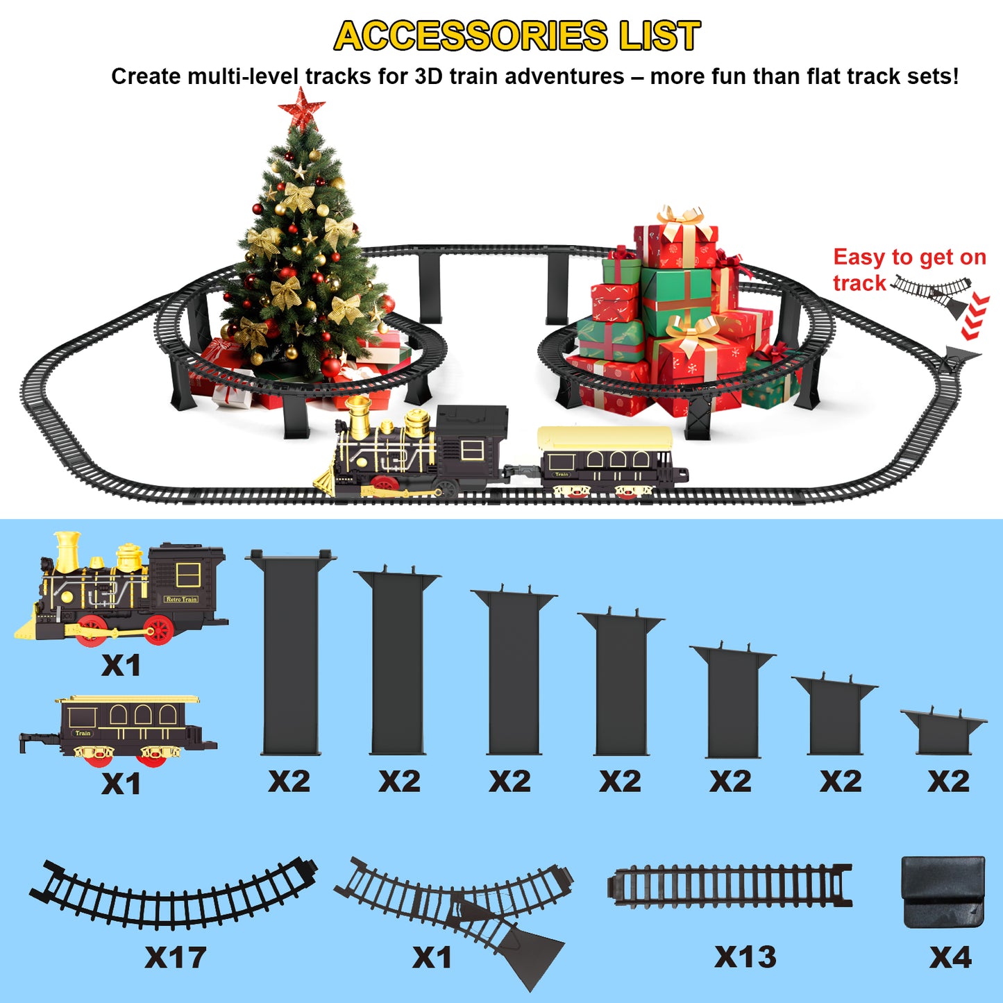 Electric Train Set with 3D Elevated Tracks Music, Lights & Quiet Mode Christmas Train for Kids Birthday Gift Holiday Toy for Boys Girls 3 4 5 6 7