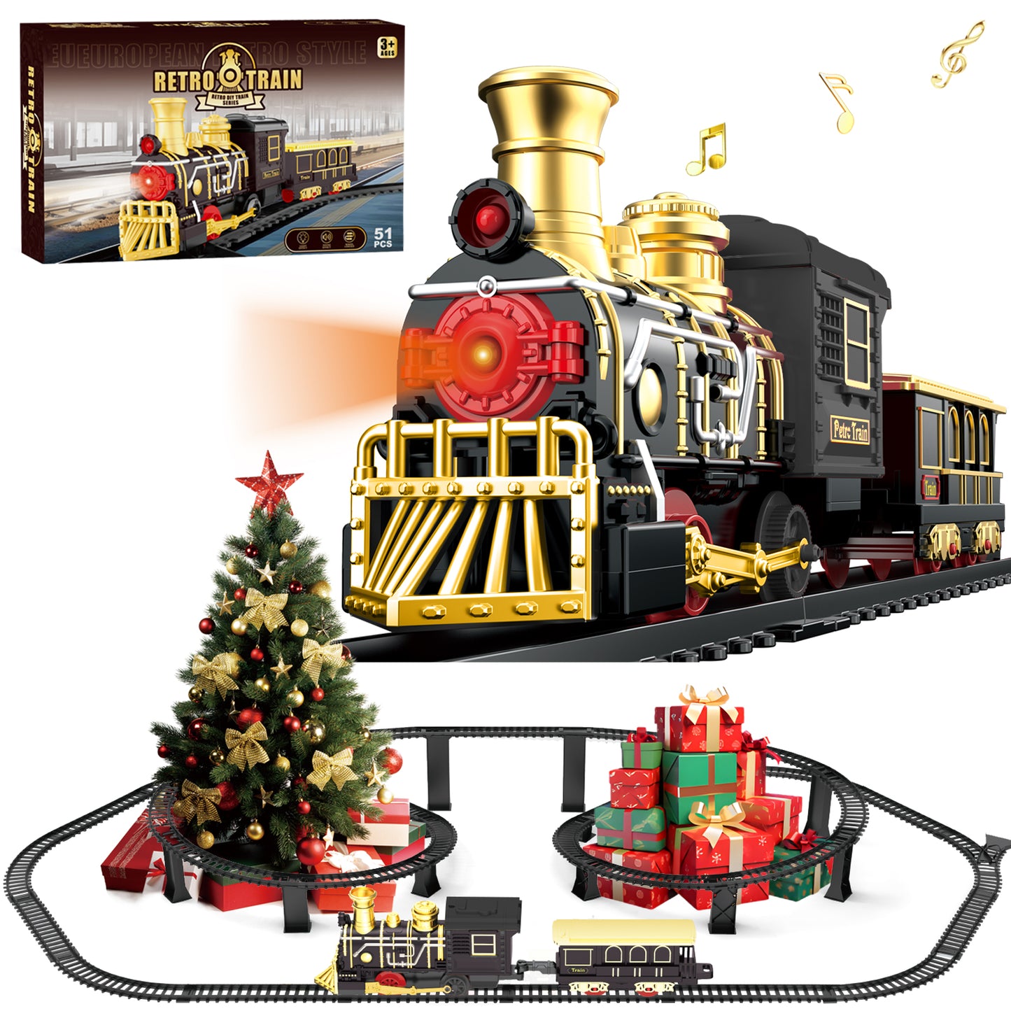 Electric Train Set with 3D Elevated Tracks Music, Lights & Quiet Mode Christmas Train for Kids Birthday Gift Holiday Toy for Boys Girls 3 4 5 6 7