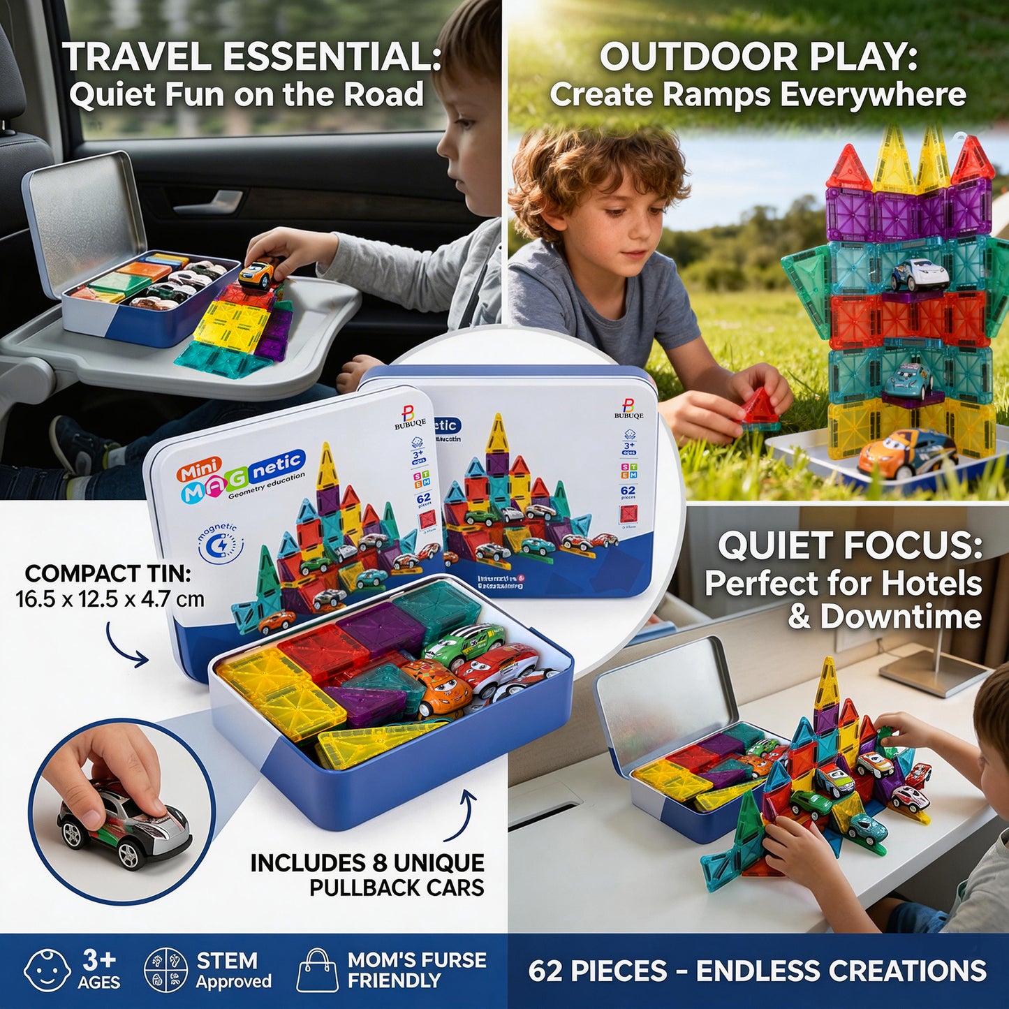 Mini Magnetic Tiles 62 PCS with 8 Metal Cars Travel Magnetic Building Tiles with Storage Box Magnet Toy for Kids STEM Educational Set Construction Toys Boys Girls Toddlers Birthday Gifts 3 4 5 6 7 8