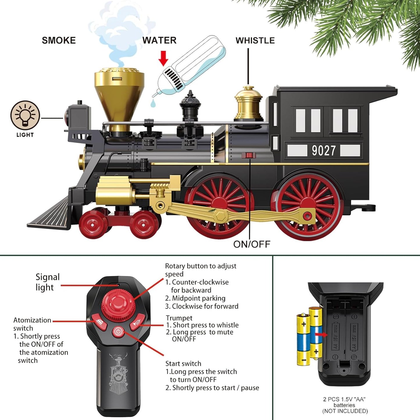 Remote Control Train Set for Kids Electric Steam Engine Locomotive, Cargo Car & Tracks