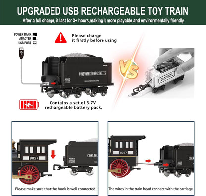 Remote Control Train Set for Kids Electric Steam Engine Locomotive, Cargo Car & Tracks