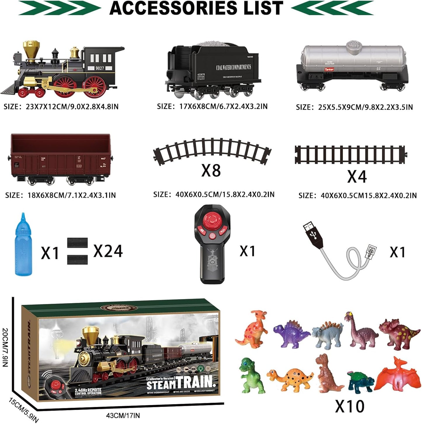 Remote Control Train Set for Kids Electric Steam Engine Locomotive, Cargo Car & Tracks