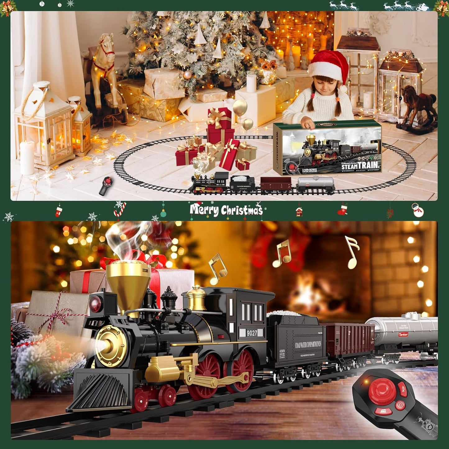 Remote Control Train Set for Kids Electric Steam Engine Locomotive, Cargo Car & Tracks