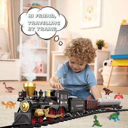 Remote Control Train Set for Kids Electric Steam Engine Locomotive, Cargo Car & Tracks