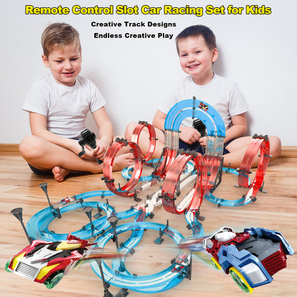 Slot Car Race Track Sets Dual-Player Electric Remote Control Cars Rechargable Magnetic Cars Racing Game with Hand Controllers Circular Overpass Track Birthday Toys for Boys Kids 6 7 8-12