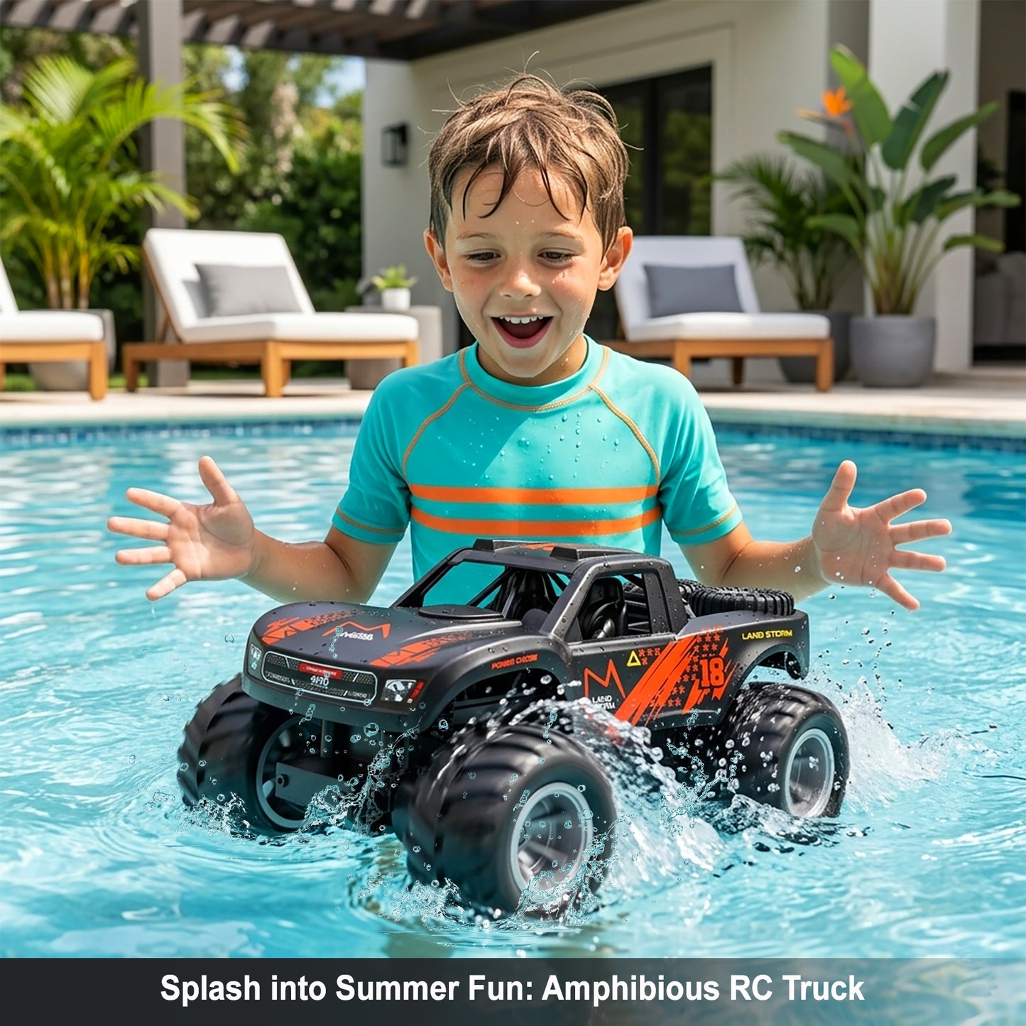 Amphibious Remote Control Car Monster Truck - 4WD Waterproof 1:16 Large All Terrain Off Road Vehicle with 2 Rechargeable Batteries RC Drift Cars Beach Pool Toys Gifts for Boys Kids 8-12