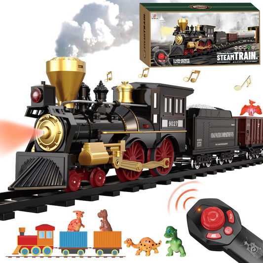 Remote Control Train Set for Kids Electric Steam Engine Locomotive, Cargo Car & Tracks