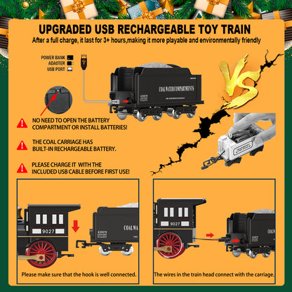 Remote Control Train Set for Kids Electric Steam Locomotive, Oil Tank Train, Cargo Cars & Tracks