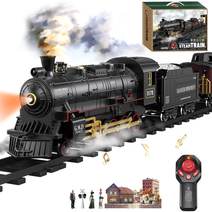 Remote Control Train Set Steam Locomotive, Cargo Car & Tracks