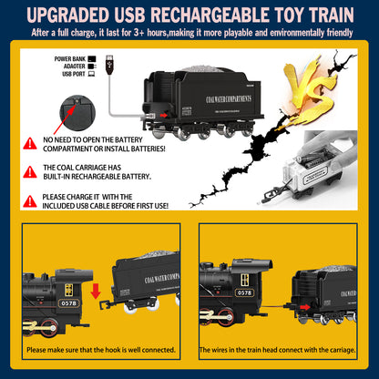 Remote Control Train Set Steam Locomotive, Cargo Car & Tracks