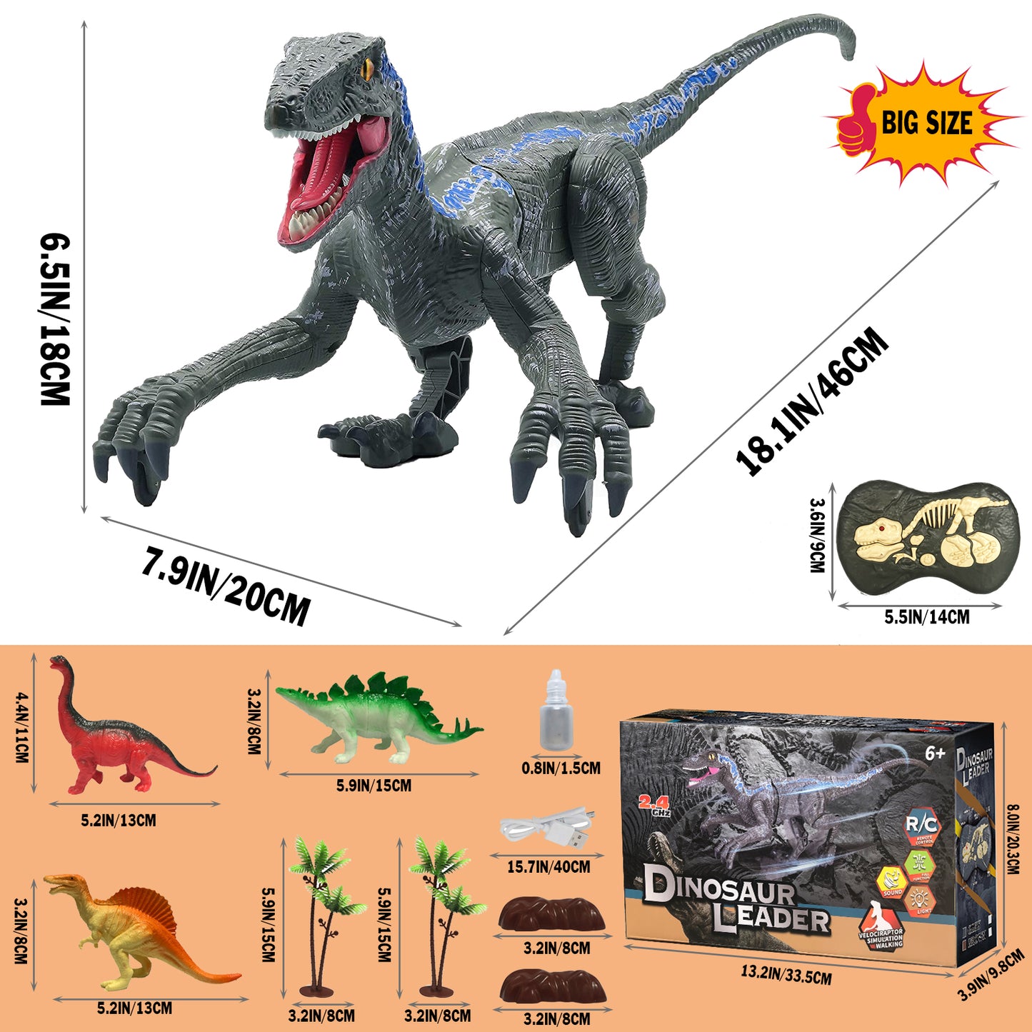 Remote Control Dinosaur Toys Velociraptor Jurassic Dino Rechargeable Raptor Blue