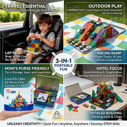 Mini Magnetic Tiles 62 PCS with 8 Metal Cars Travel Magnetic Building Tiles with Storage Box Magnet Toy for Kids STEM Educational Set Construction Toys Boys Girls Toddlers Birthday Gifts 3 4 5 6 7 8