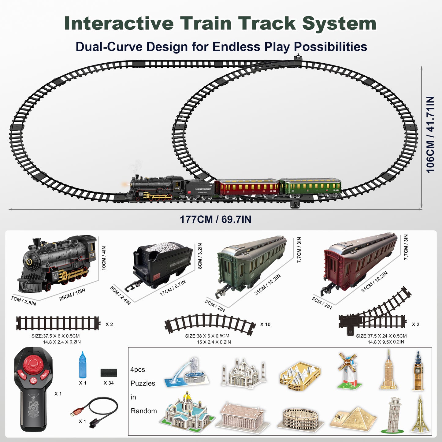 Electric Train Sets Remote Control for Kids Christmas Train Toys Steam Locomotive w/3 Smokes, Glowing Passenger Carriages, Luxury Tracks, Light & Sounds Rechargeable Birthday Gifts for Boys Girls