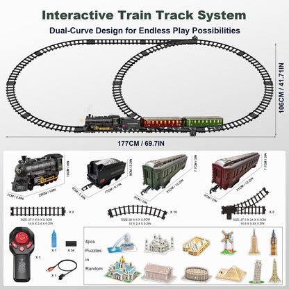 Electric Train Sets Remote Control for Kids Christmas Train Toys Steam Locomotive w/3 Smokes, Glowing Passenger Carriages, Luxury Tracks, Light & Sounds Rechargeable Birthday Gifts for Boys Girls