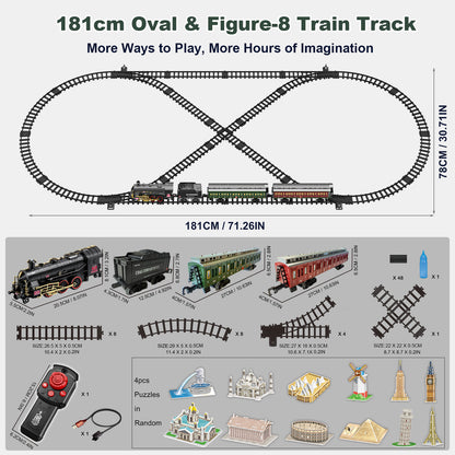 Electric Remote Control Train Set Metal Alloy Steam Locomotive with Glowing Passenger Carriages Smoke, Sound & Light Luxury Tracks Rechargeable Train Christmas Birthday Toy Gift for Boys Kids
