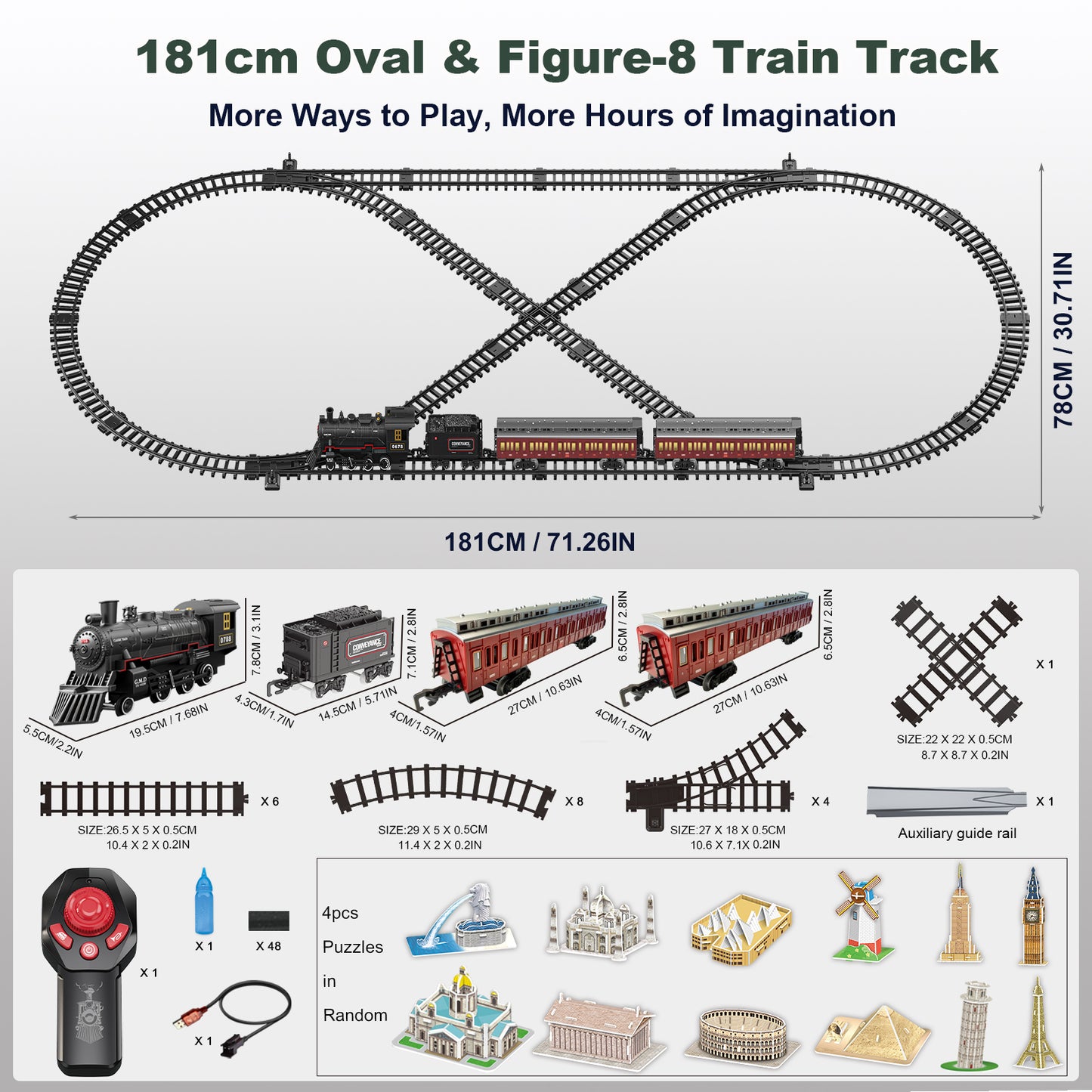 Electric Train Sets Remote Control for Kids Metal Alloy Christmas Train Toys Steam Locomotive Glowing Passenger Carriages Luxury Tracks Light & Sounds Rechargeable Birthday Gifts for Boys Girls Red