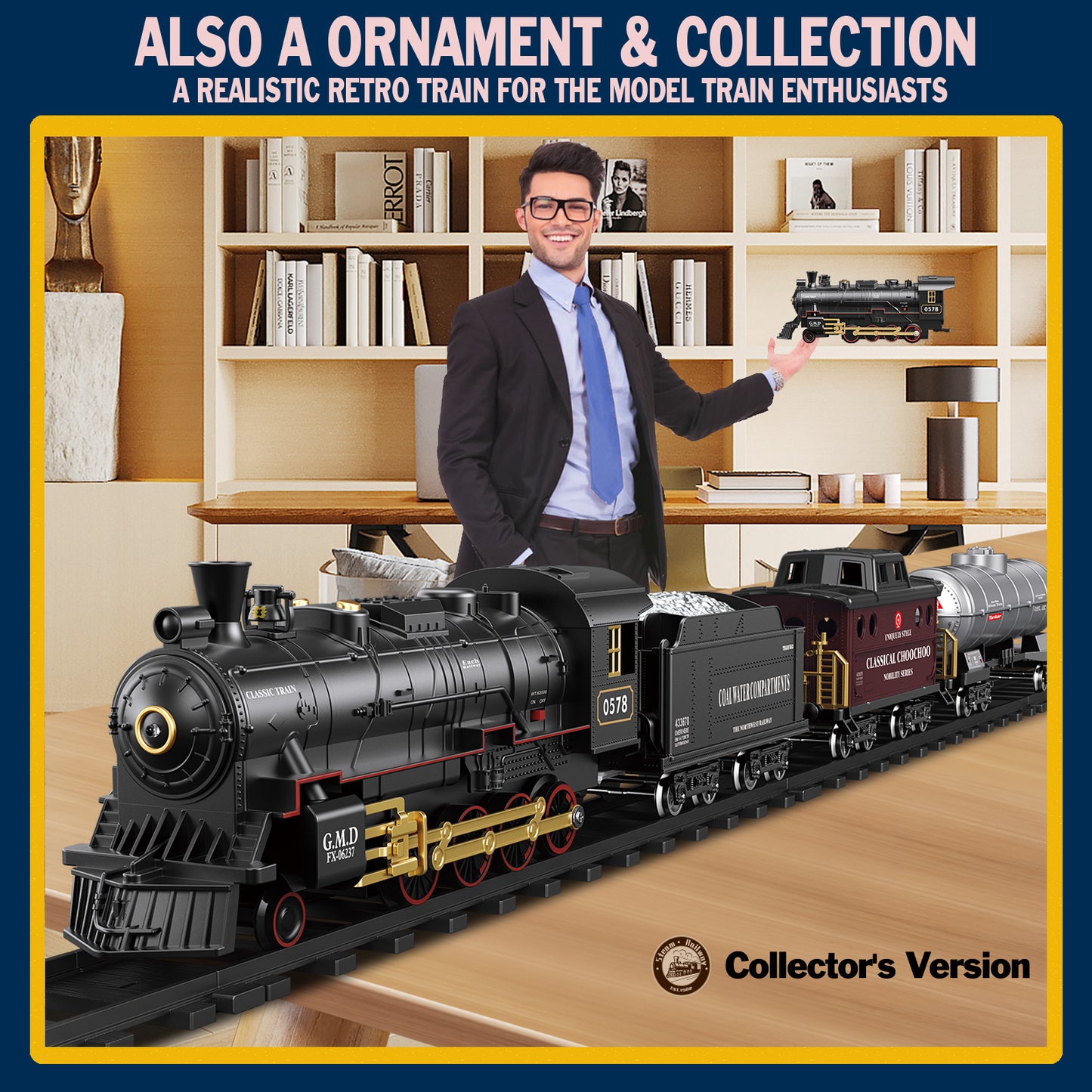 Remote Control Train Set Steam Locomotive, Cargo Car & Tracks