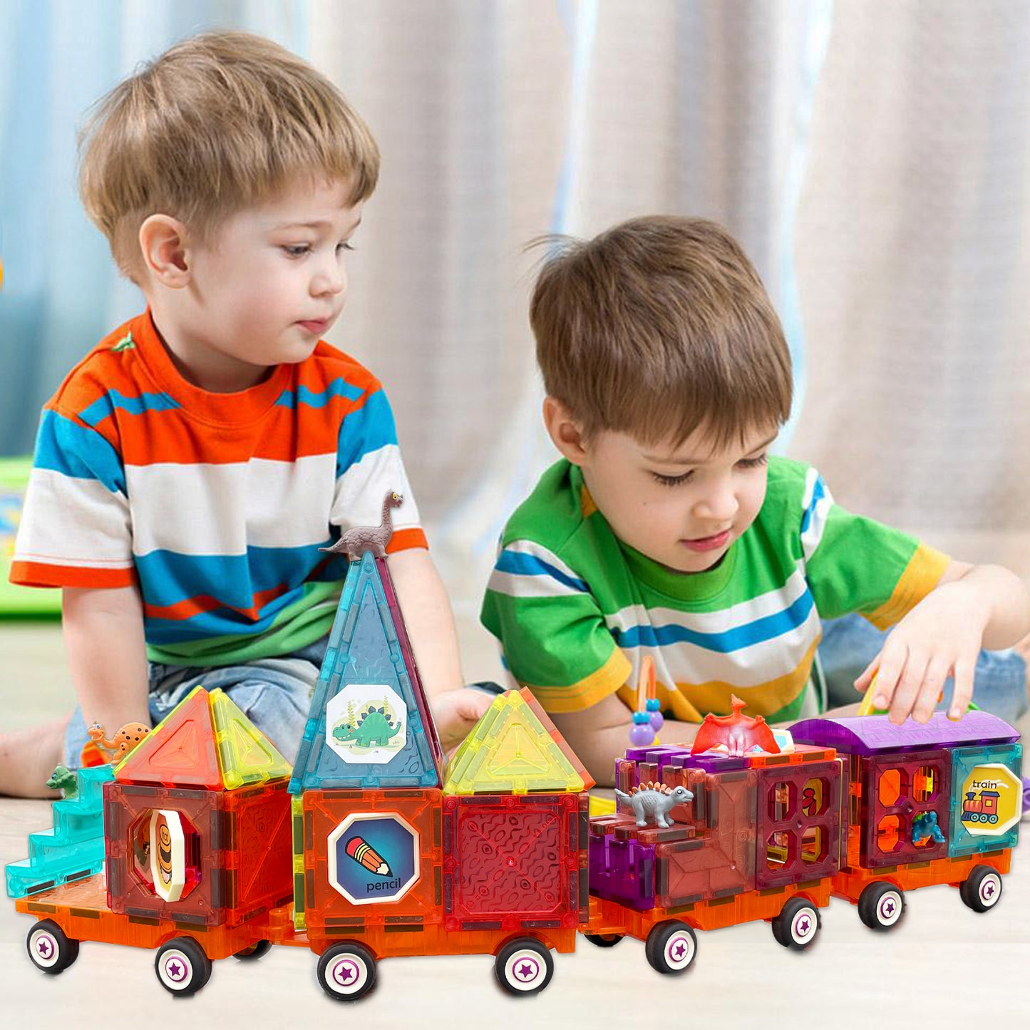 Magnetic Tiles Building Blocks with 4 Cars Magnet Train Set for Kids