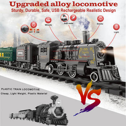 Electric Train Sets for Kids Metal Alloy Steam Locomotive, Glowing Passenger Carriages, Luxury Track