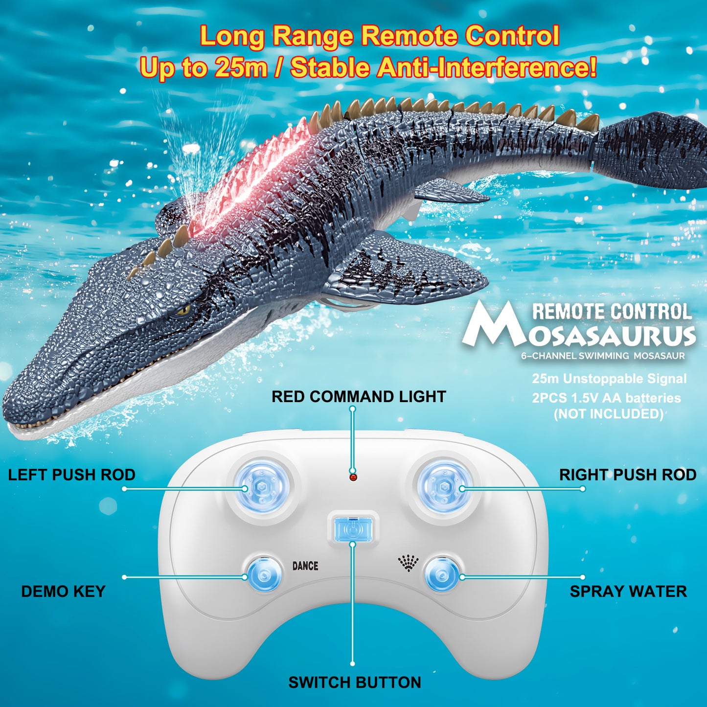 Remote Control Mosasaurus Dinosaur Toys for Boys Kids, Rechargable Swimming Pool High Simulation Toys, Electric RC Sea Monster with Light & Spray Water Birthday Gift for Ages 3 4 5 6 7 8 9