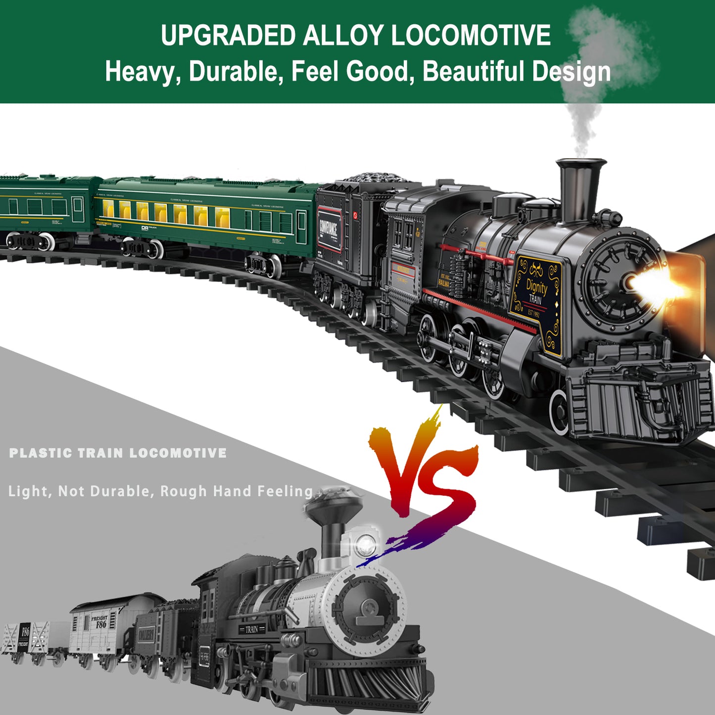 Electric Train Sets for Boys Girls Metal Alloy Steam Locomotive, Passenger Carriages, Tracks