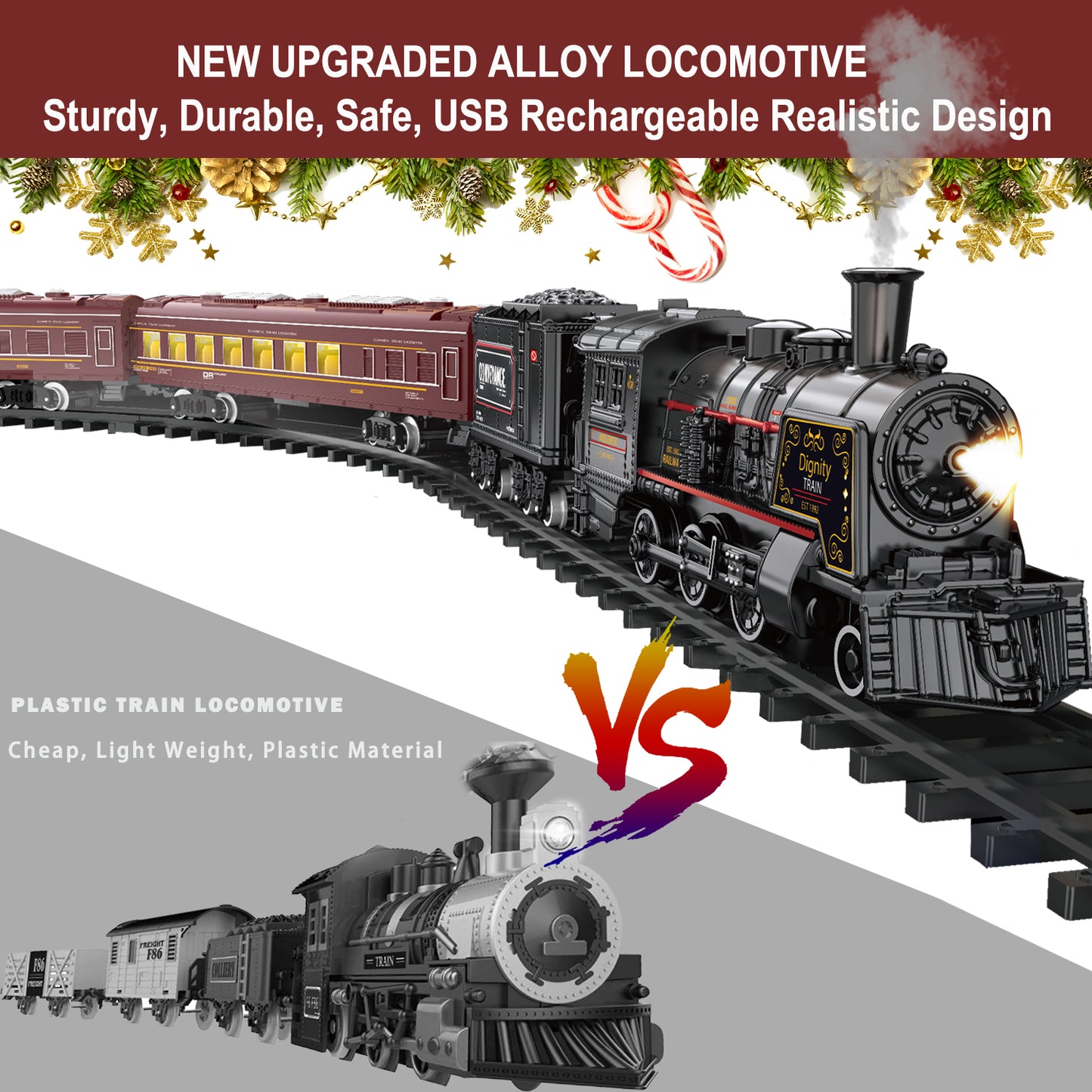 Electric Train Sets for Boys Girls Metal Alloy Steam Locomotive, Passenger Carriages, Tracks